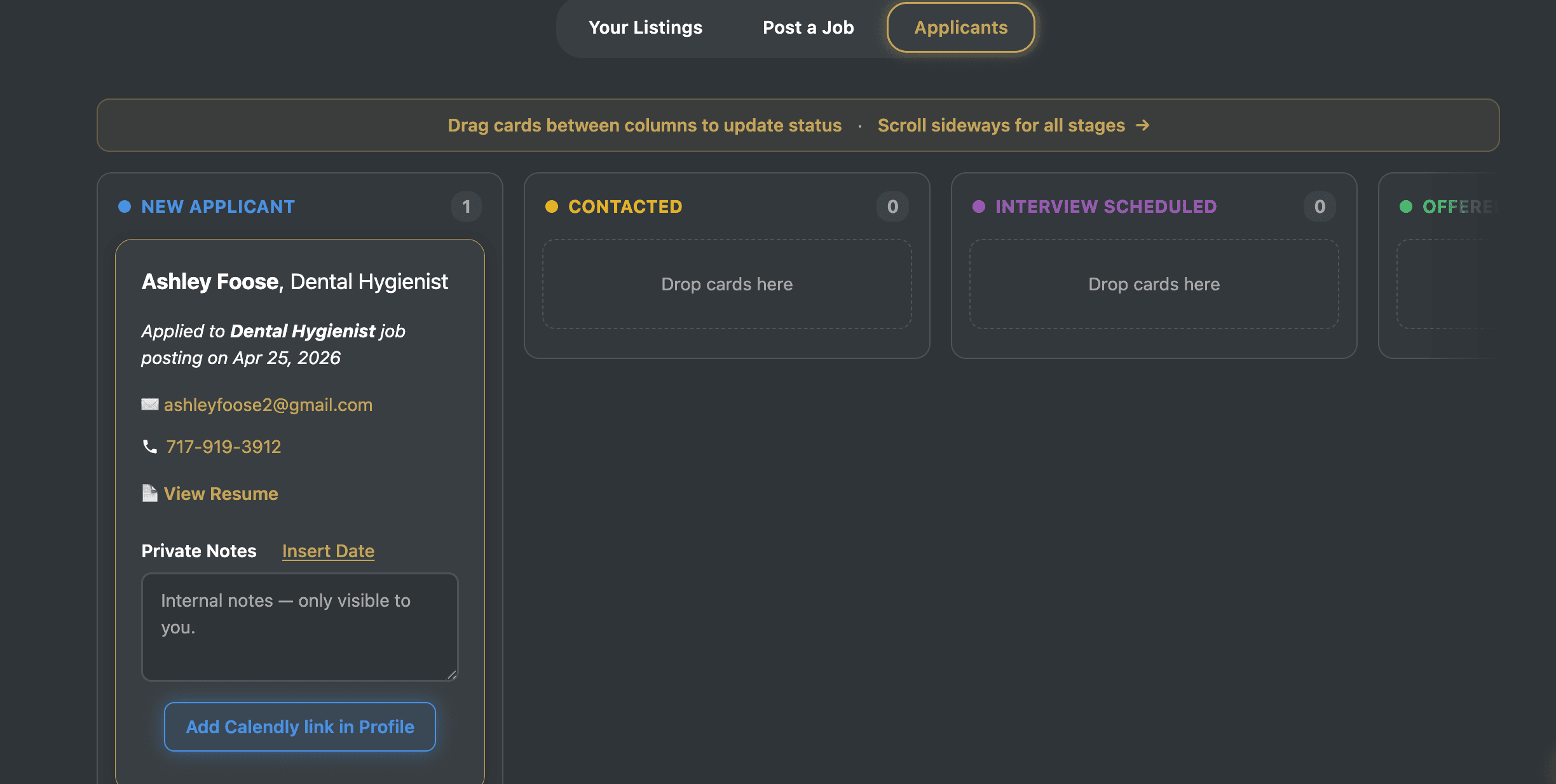 Applicant CRM dashboard on the Oasis Job Board