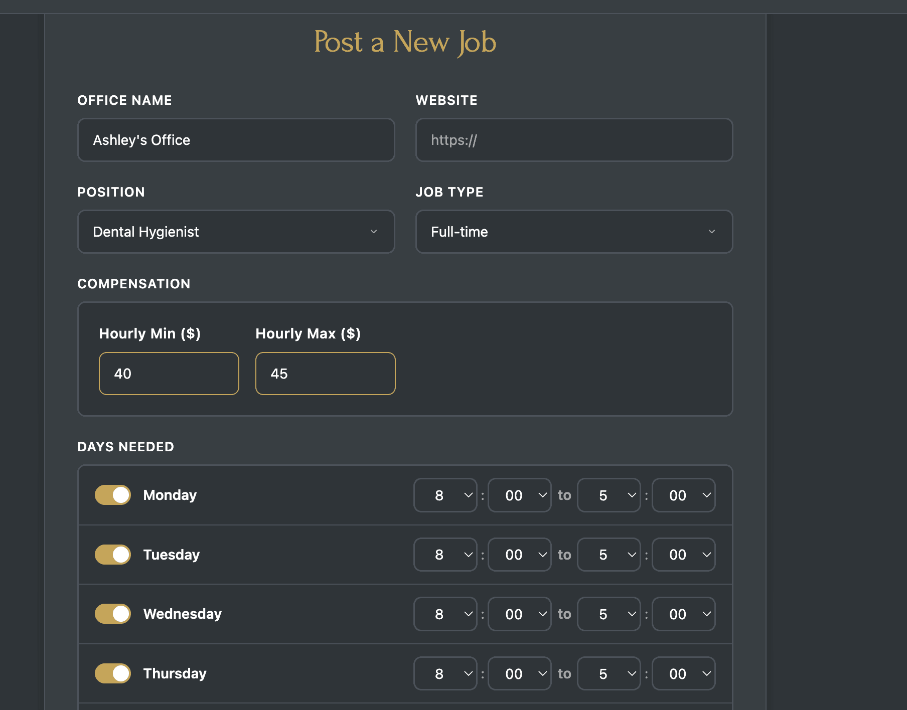 Post a job form on the Oasis Job Board